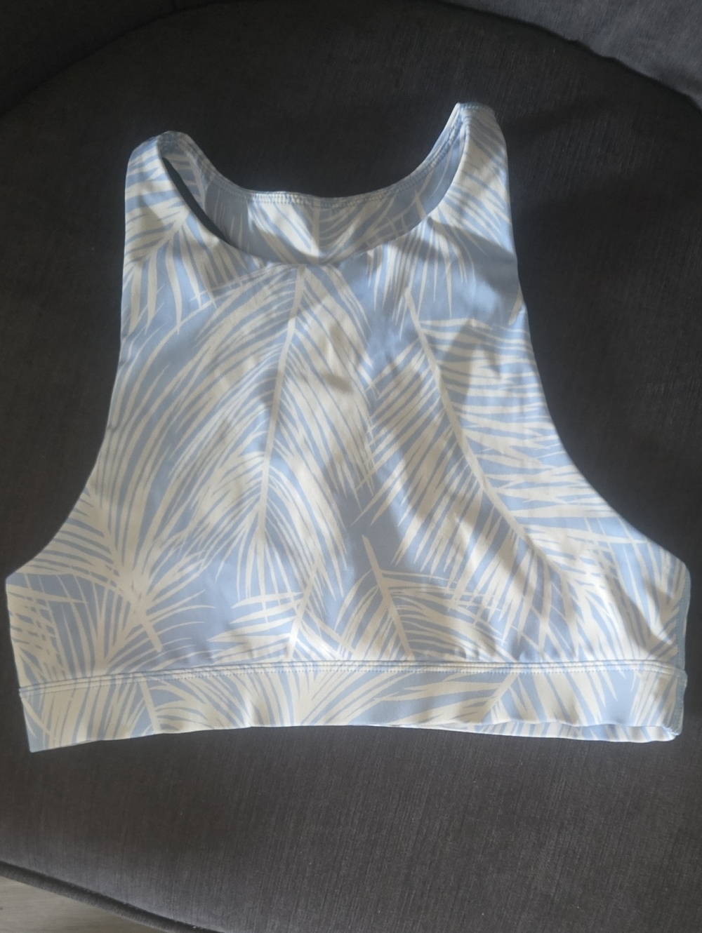 High Neck Palm Leaf Crop Top — Light Blue & White